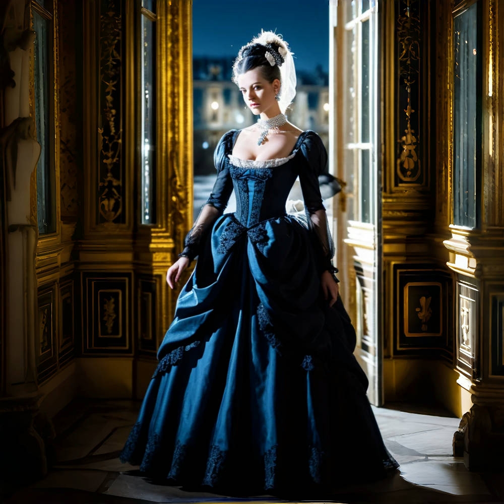 Historical Versailles Palace Prom Dresses Vintage Victorian Ruched Evening Gown Navy Long Sleeves Medieval Renaissance Dress