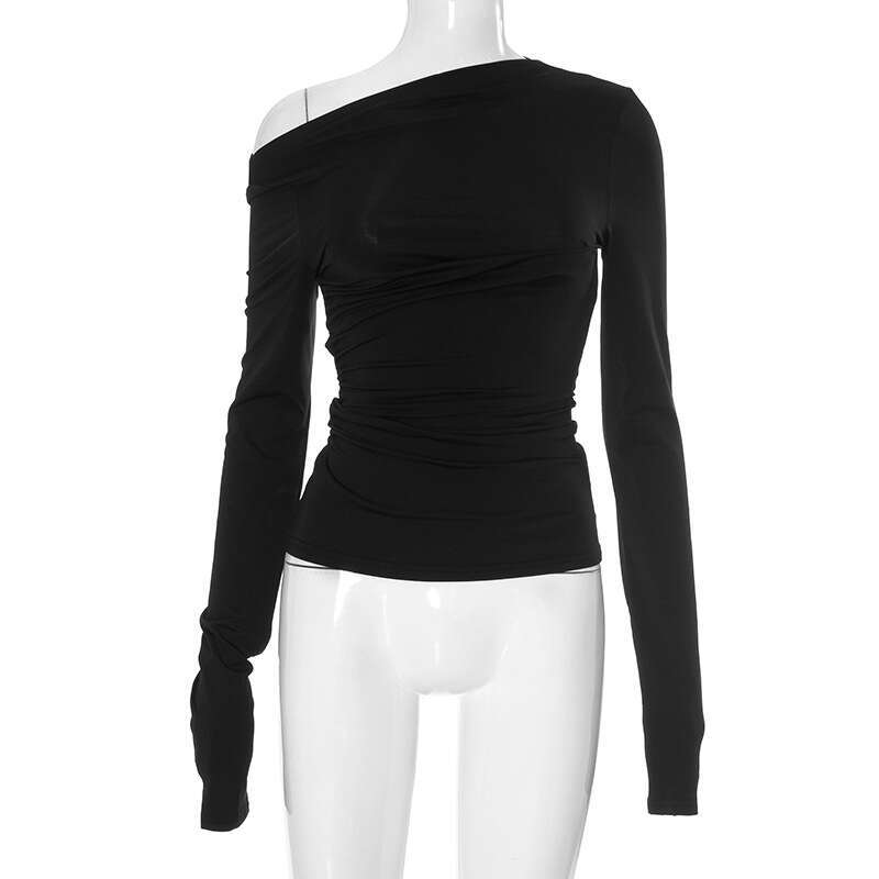 Y24tp624 Autumn Winter Women's Solid Color Off-Shoulder Asymmetrical Ruched Long Sleeve T-Shirt Top B5
