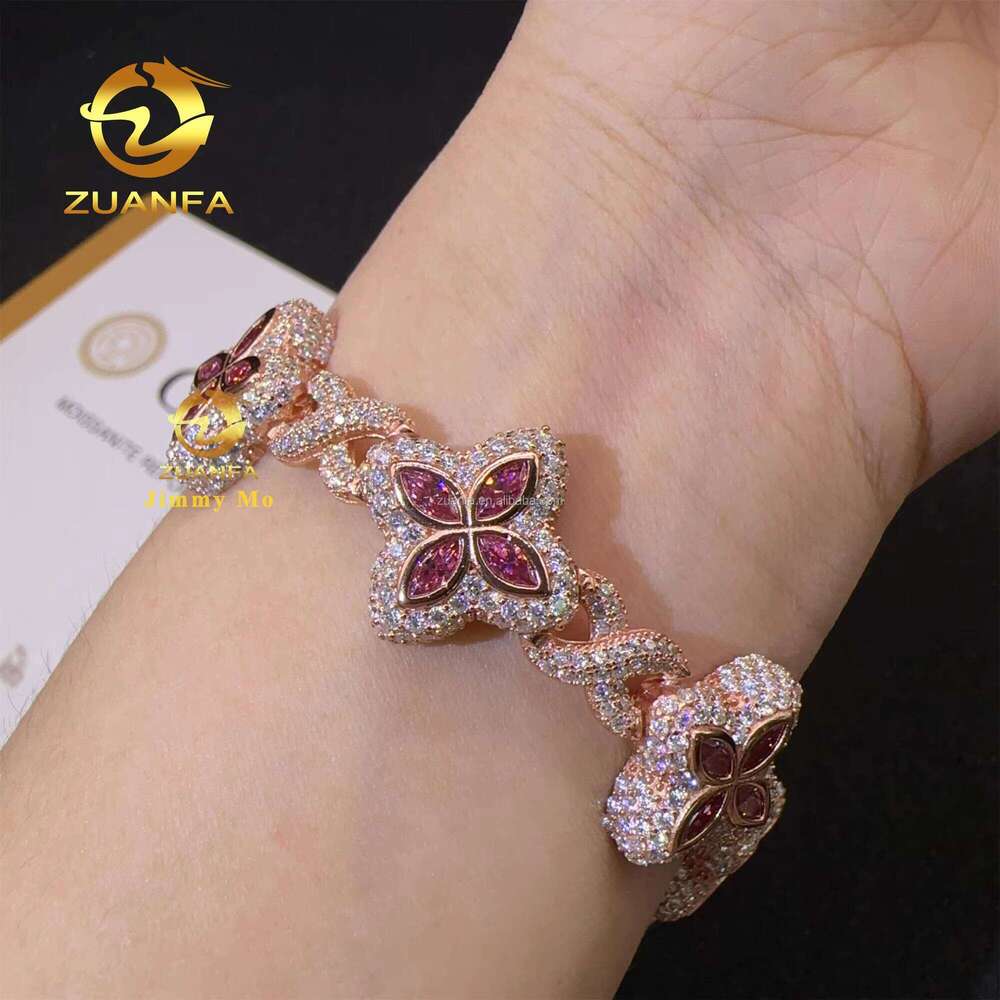 18mm Fashion Sier Marquise Flower Design Hip Hop Jewelry Iced Out Moissanite Dia Infinity Cleef Clover Cuban Bracelet