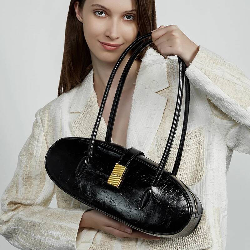 New Women's Baguette Genuine Leather Designer Shoulder Bags High Quality Cowhide Women Bag Vintage Female Handbags high-quality