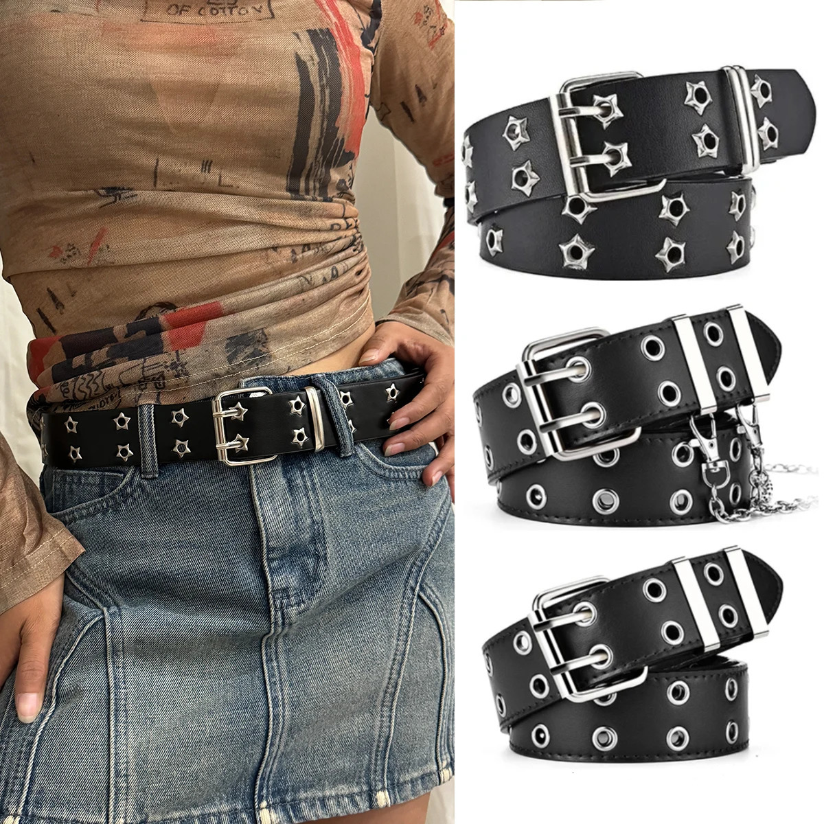 Womens Belt Large size Double Hole Men Punk Hip Hop Rock Style Subculture Y2K Punch Free for and Women 250716