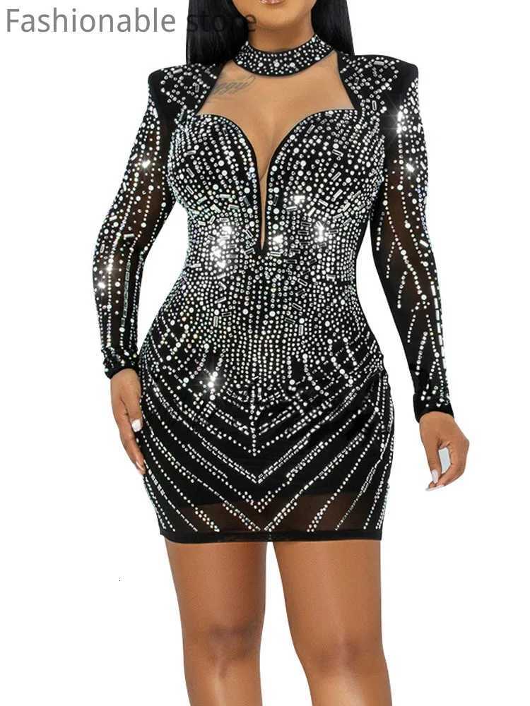 Women Sexy Mock Neck Hollow Rhinestone Long Sleeve Bodycon Dress Z250728
