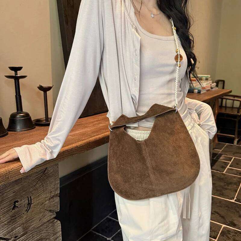 2026 Autumn Collection Beads Straps Women Crossbody Bag Triangle Advanced Feeling Basket Tote Suede Cow Leather Handbag