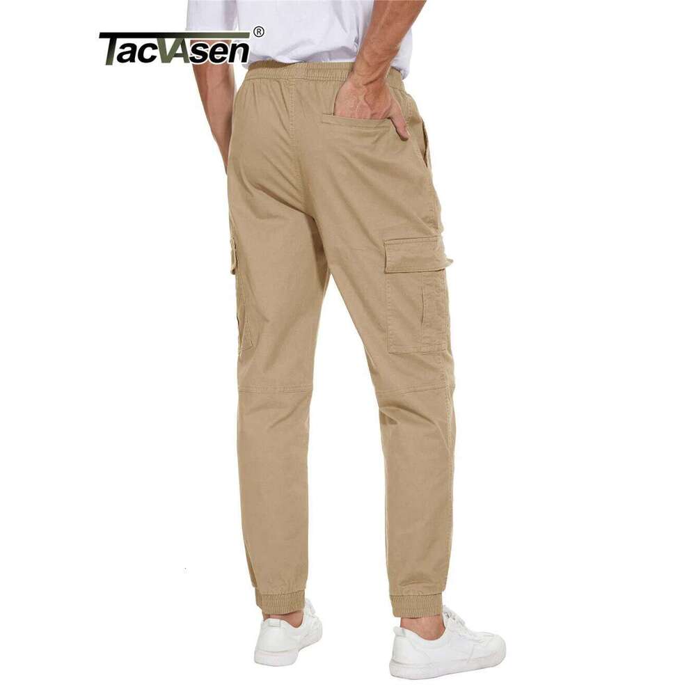 TACVASEN Cotton Cargo Mens Casual Multi-Pockets Working Pants Elastic Waist Drawstring Trekking Hiking Pant Work Trousers