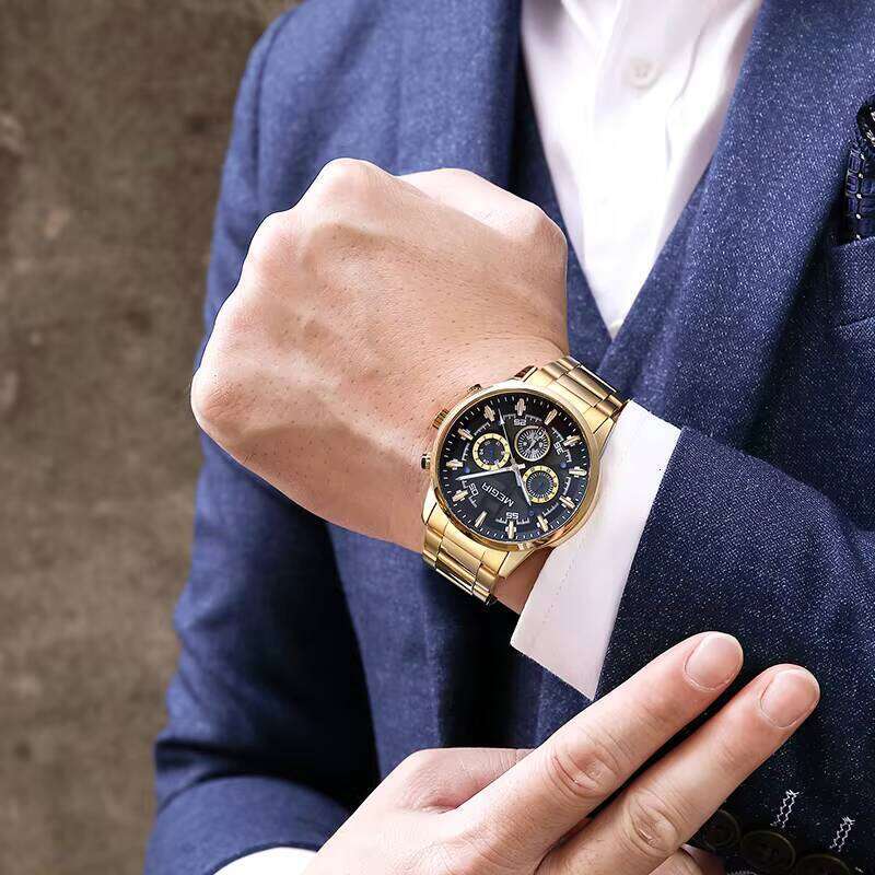 DHgargets MEGIR 2220G Men's Chronograph Watch - 43mm Stainless Steel, Waterproof, Luminous, Date, Business Quartz Watch with Triple Subdials