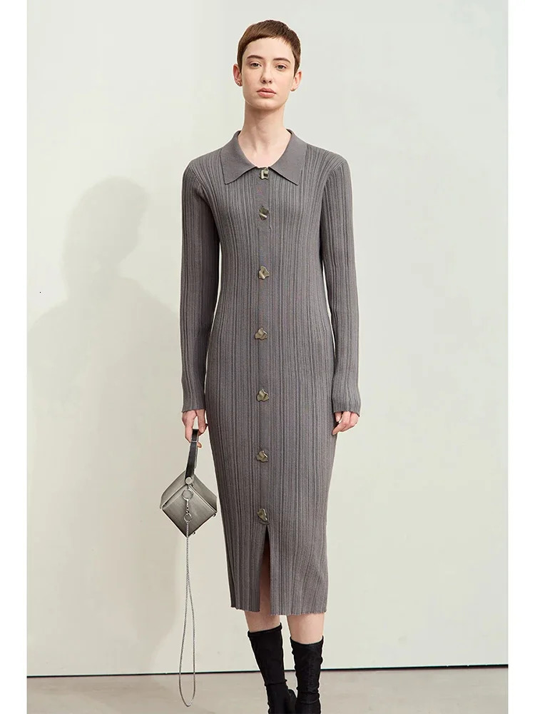 Amii Minimalism Elegant Party Dresses Woman Autumn Retro Lapel Metal Buckle Slim Strip Knitted Dress Female12443090 250728