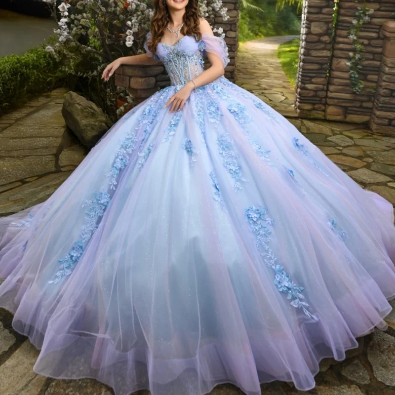 Lavender Shiny Princess Quinceanera Dresses Appliqued Flower Beads Tull Corset Sky Blue Lining Sweet 16 Dress Ball Gown Vestidos De 15 Anos