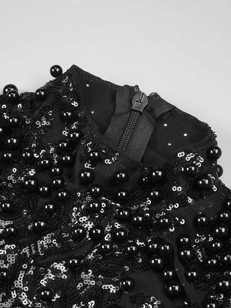 VC Black Long Sleeve Short Dress Turtle Neck Feather Pearl Embellished Handmade Beads Prom Celebrity Cocktail Party Evening Gown Z250728