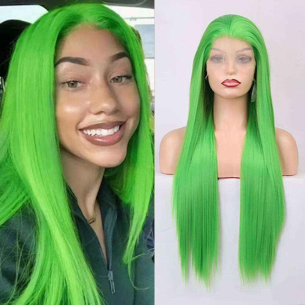 Grass Synthetic Front For Women Human Hair Long Straight Hair Glueless Lace Green Glueles Daily Wear Cosplay Wig