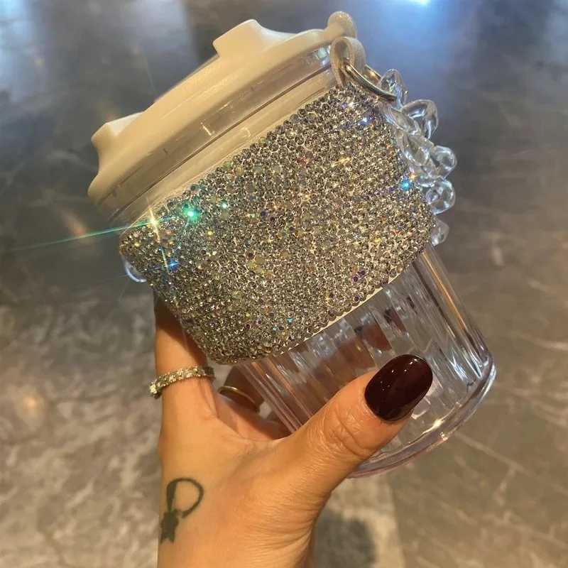Chain Carry Straight Drink Coffee Cup Rhinestone PC/PP Portable Eco Friendly Non-slip Reusable Mug Outdoor Travel Water Bottle XJ250728