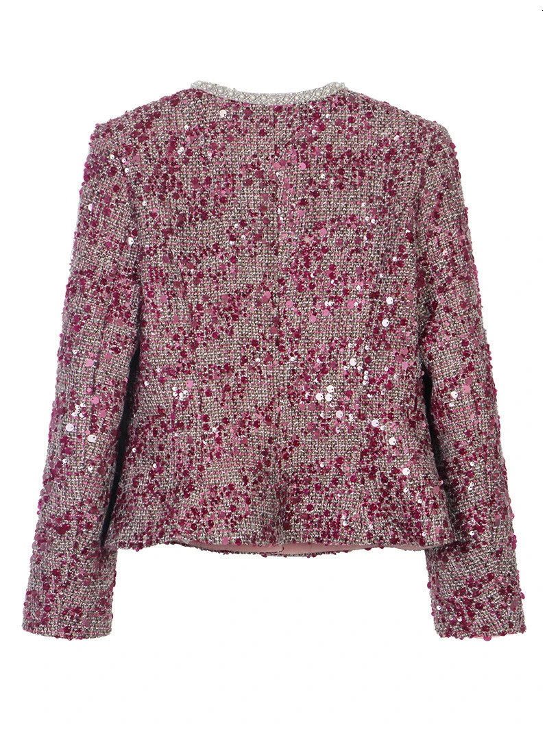 Style Elegant Light y Celebrity Bead Sequin Small Fragrance Tweed Round Neck SingleBreasted Jacket 250728