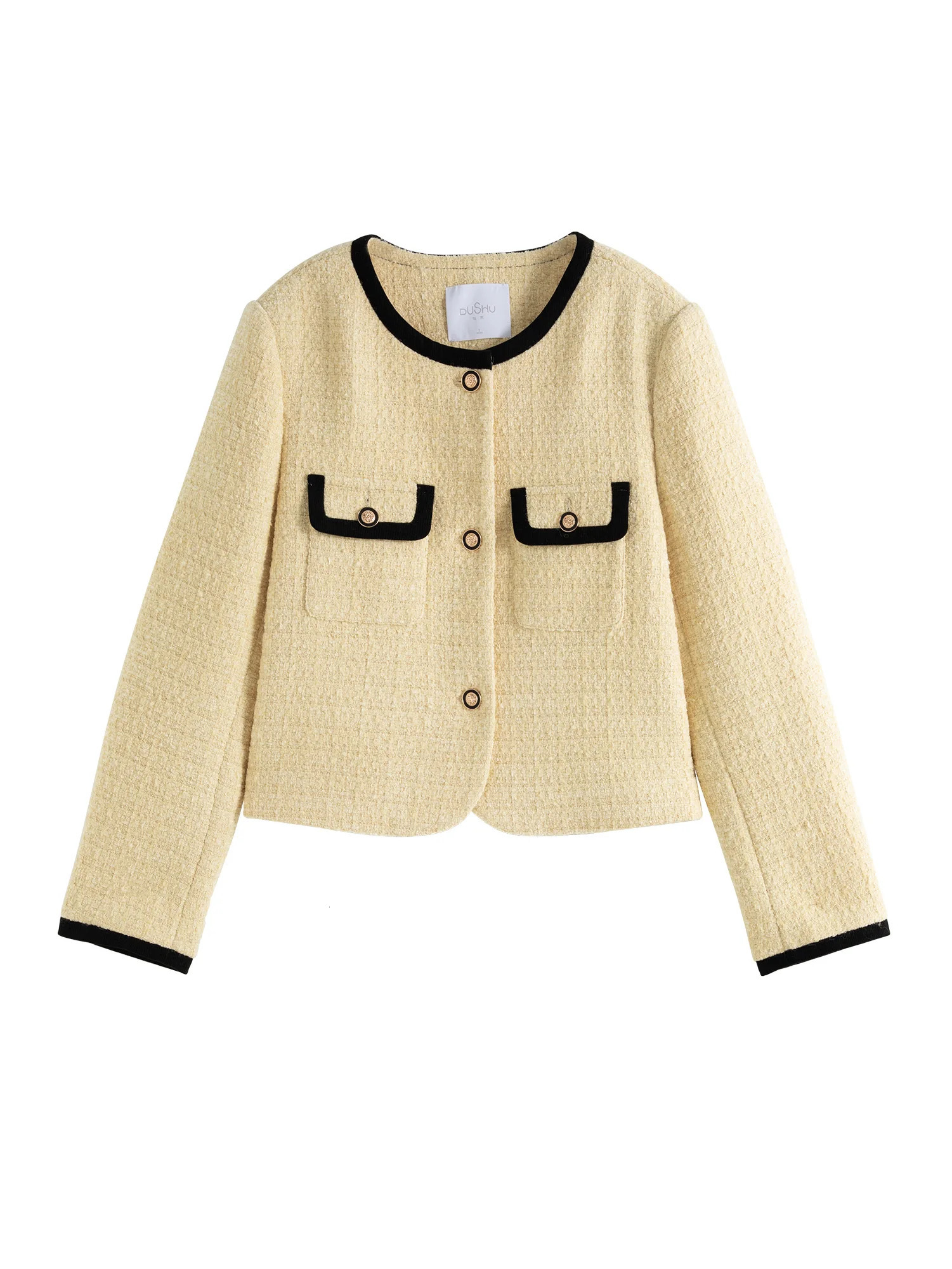 209% Wool Women Short Tweed Jacket Light Yellow Gentle Style Female Winter Thickened Single Breasted Coats 24DS84418 w250728