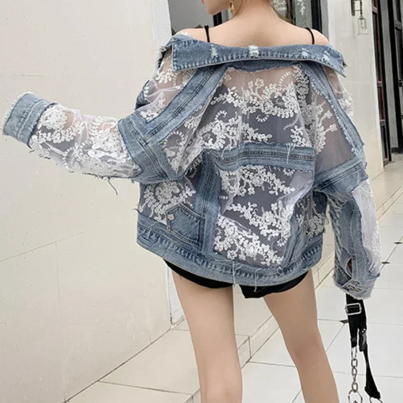 Cotton Denim Coat Women Lace Spring Autumn Ropa Cardigan Jeans Maxi Punk Gothic Bomber Jacket Windbreaker Y2k Jackets Korean 250728