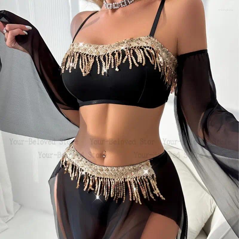 Stage Wear Sexy Pole Dance Sparkly Sequins Tassel Mesh Bra Lady Belly Performance Costume Lace Lingerie Suit