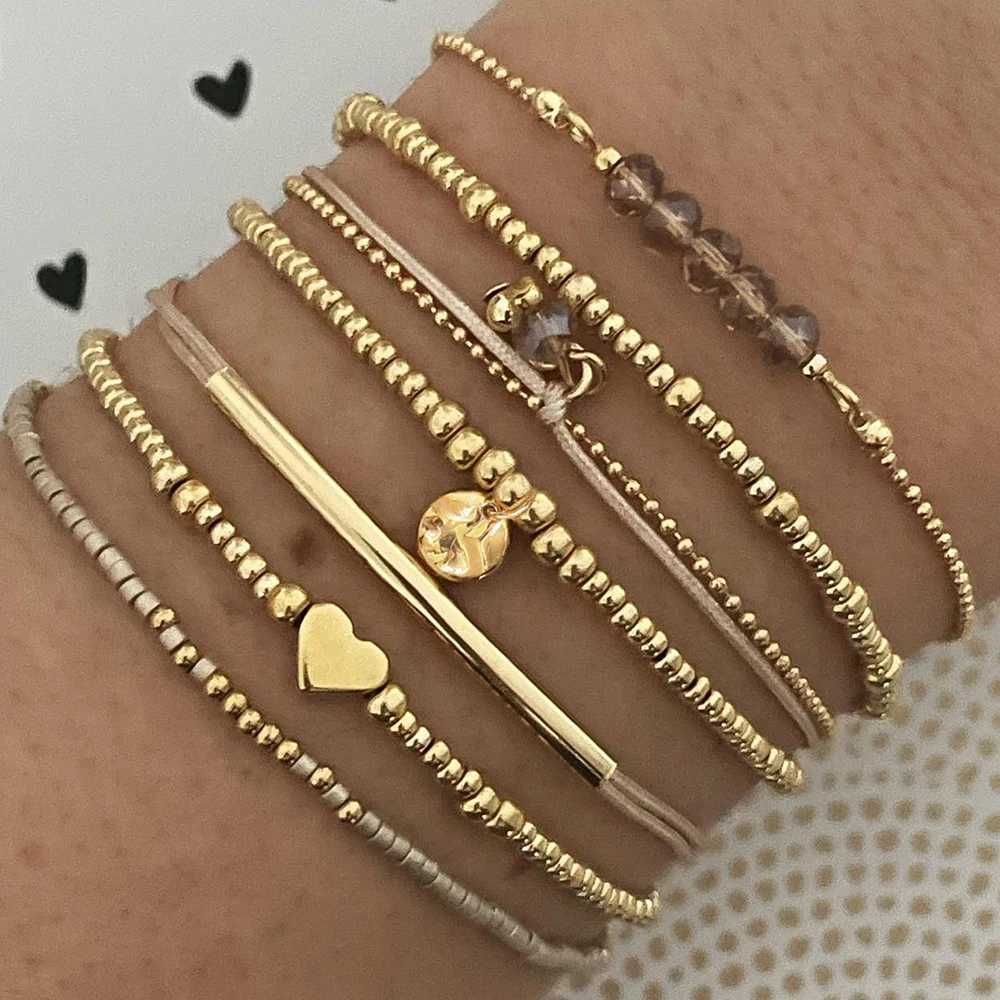 7Pcs/Set Bohemian Style Heart Beads Round Pendant Adjustable String Beads Bracelet CCB Elastic Bracelet Set For Women W250728