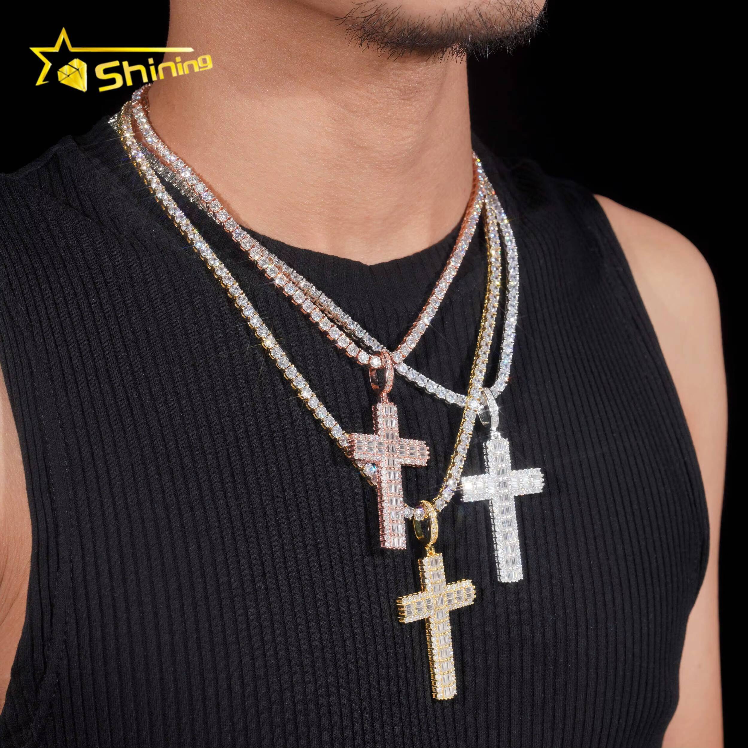 Custom Made Shining Baguette Diamond 925 Silver Cross Mens Hip Hop Iced Out Moissanite Pendant