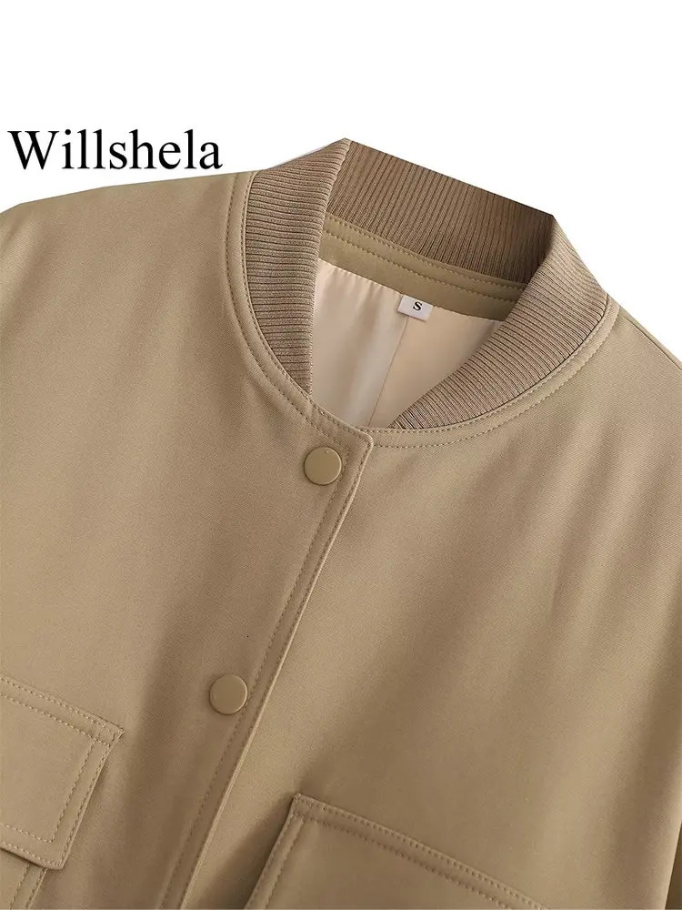 Willshela Women Fashion Solid Bomber Jackets Coat With Pockets VNeck Single Breasted Long Sleeves Female Chic Lady Outfits 250717