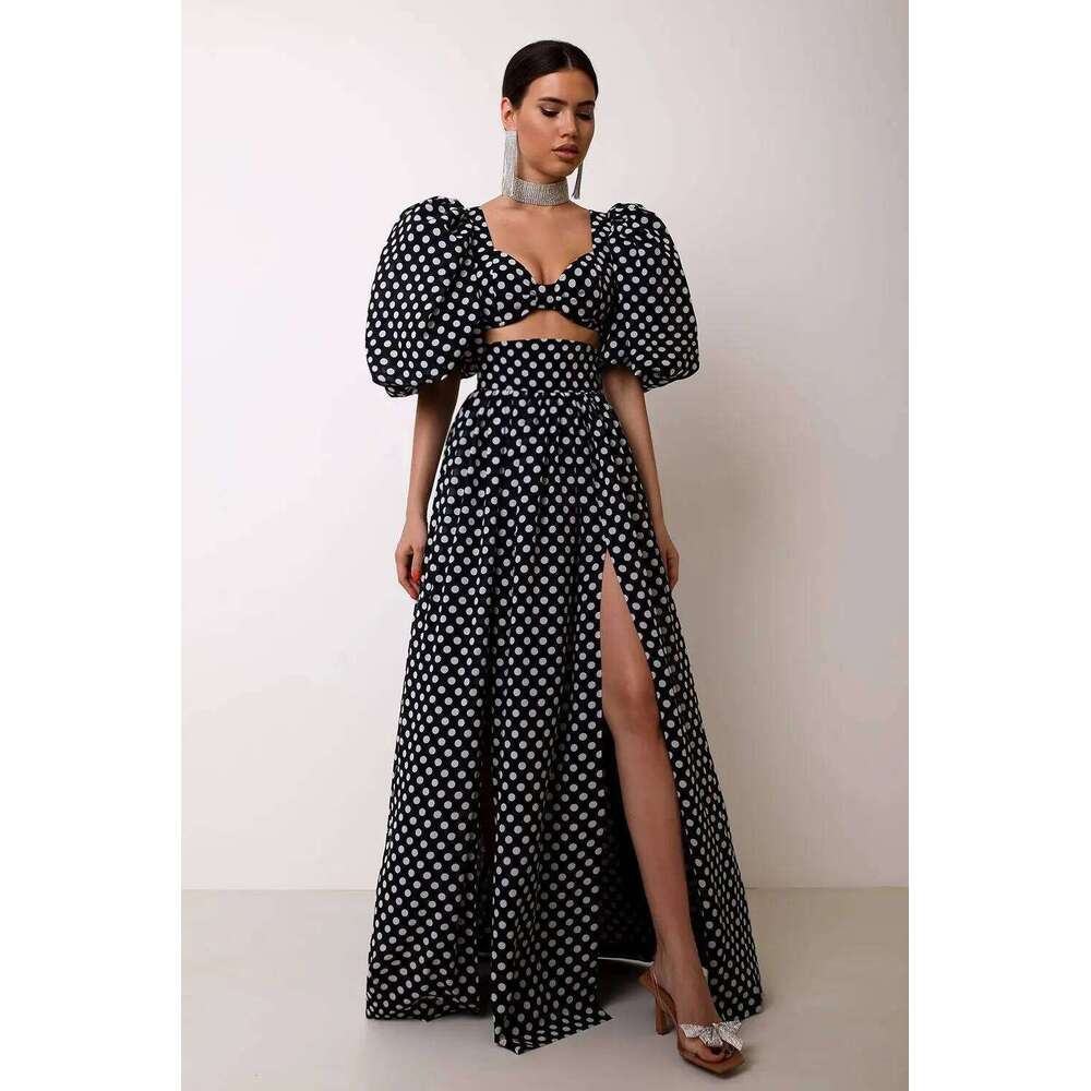 Quatlity 2 Piece Women Dress Set V-neck Puff Sleeve Short Tops And Split High Waist Long Skirt