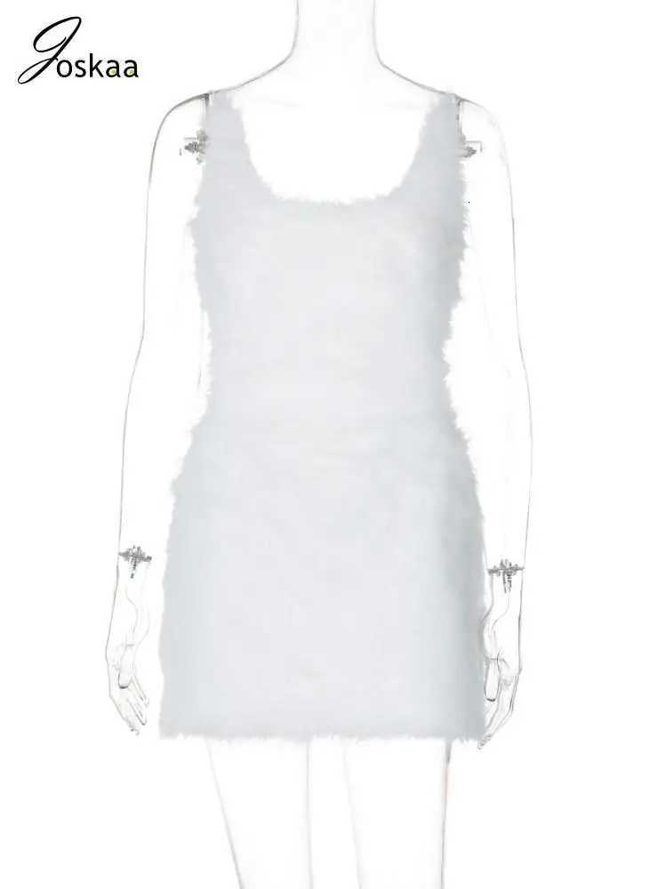 Joskaa Sexy Furry Mini White Dress Women Hipster Spaghetti Strap Low Cut Backless Body-Shaping Dresses for Birthday Party Clubwear Z250728