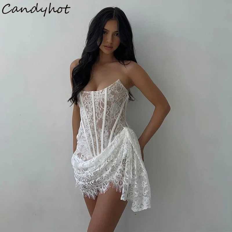 Candyhot Elegant Lace Strapless Sexy See-through Dress Bandage Irregular Mini Dress For Women Summer Slim Street Party Dress Z250728