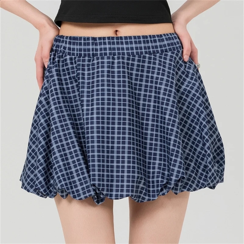 Khaki Mini Skirts Women A-line Casual Fashion Vintage Y2k Skirt Sweet Plaid puff skirt 2024 Summer Female Jupe Streetwear 250715