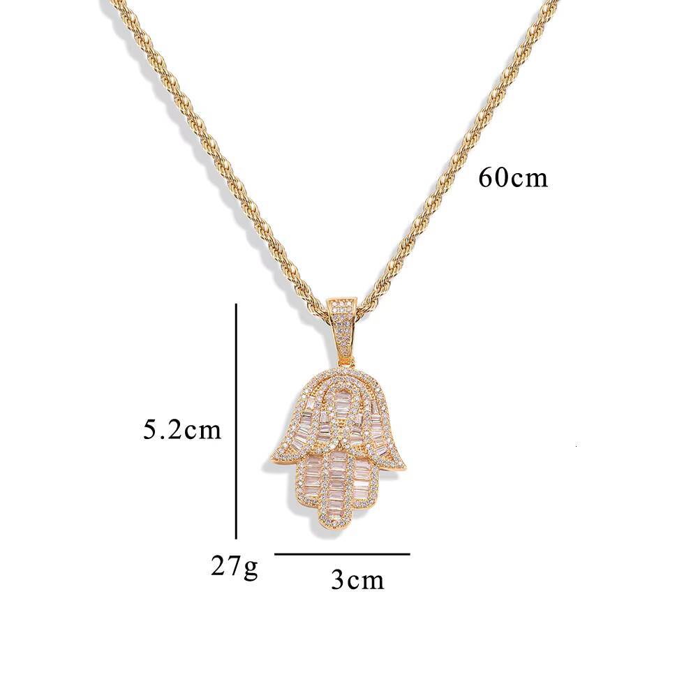 Baguette CZ Diamond Gold Plated Hamsa Fatima Hand Pendant Necklace Hiphop Jewelry Iced Out Zircon Stainless Steel Twist Chain