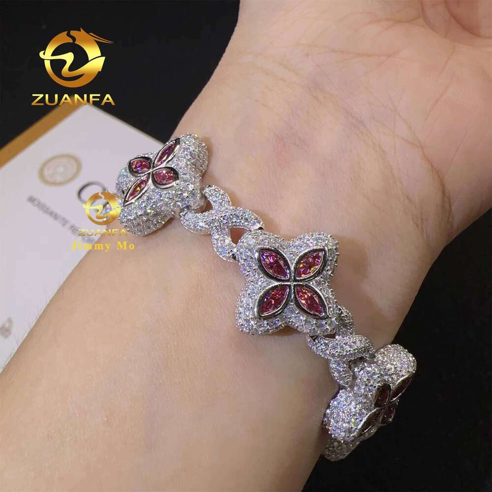 18mm Fashion Sier Marquise Flower Design Hip Hop Jewelry Iced Out Moissanite Dia Infinity Cleef Clover Cuban Bracelet