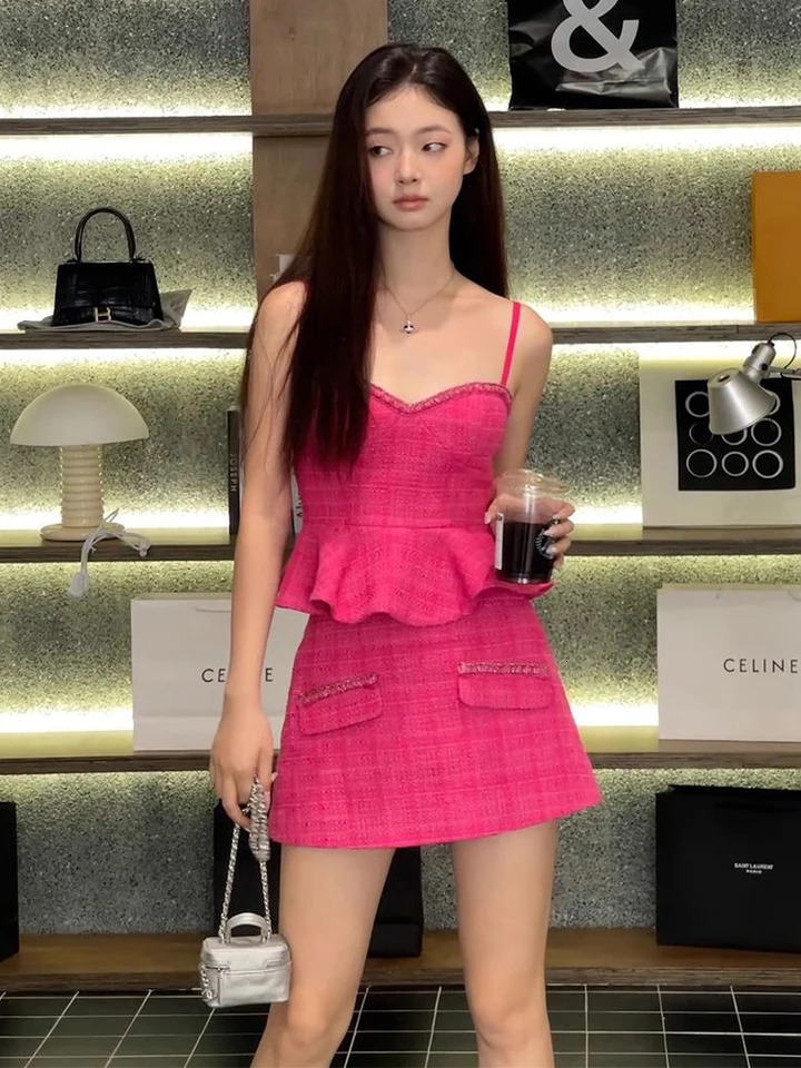 High Quality Tweed 2 Piece Set Women Summer Top Sleeveless Ruffles Slim Waist Mini Skirt Fashion Outfit 250728