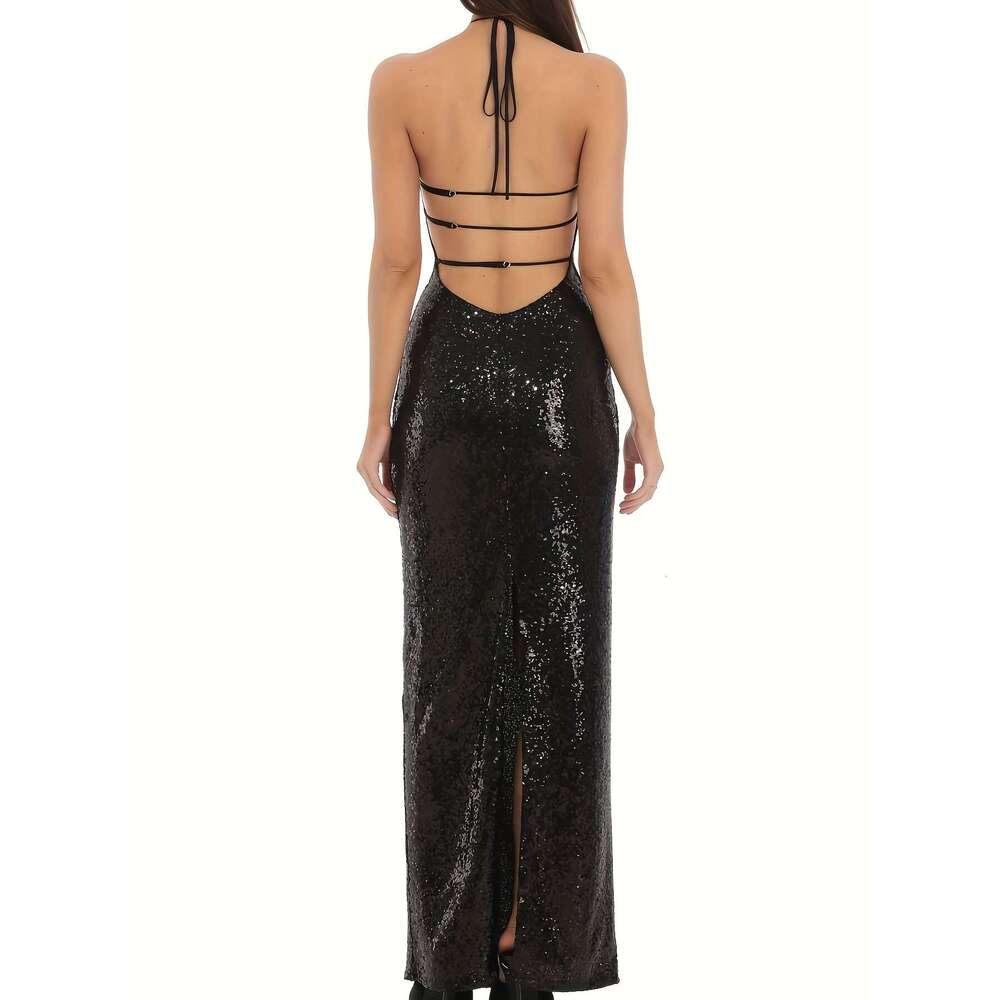 Evening Party Elegant French-Inspired Halter Neck Sequin Gown - Sleeveless, Bodycon Mermaid with Sparkling Details, Perfect for Spring/Summer Adult Wo