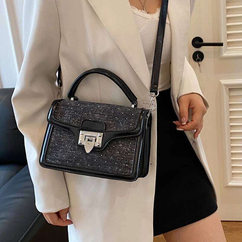 Small Square For Women Retro Denim Crossbody Famous Brand Handbag Solid Color Pu Leather Lady Shoulder Bag Black Bolsos