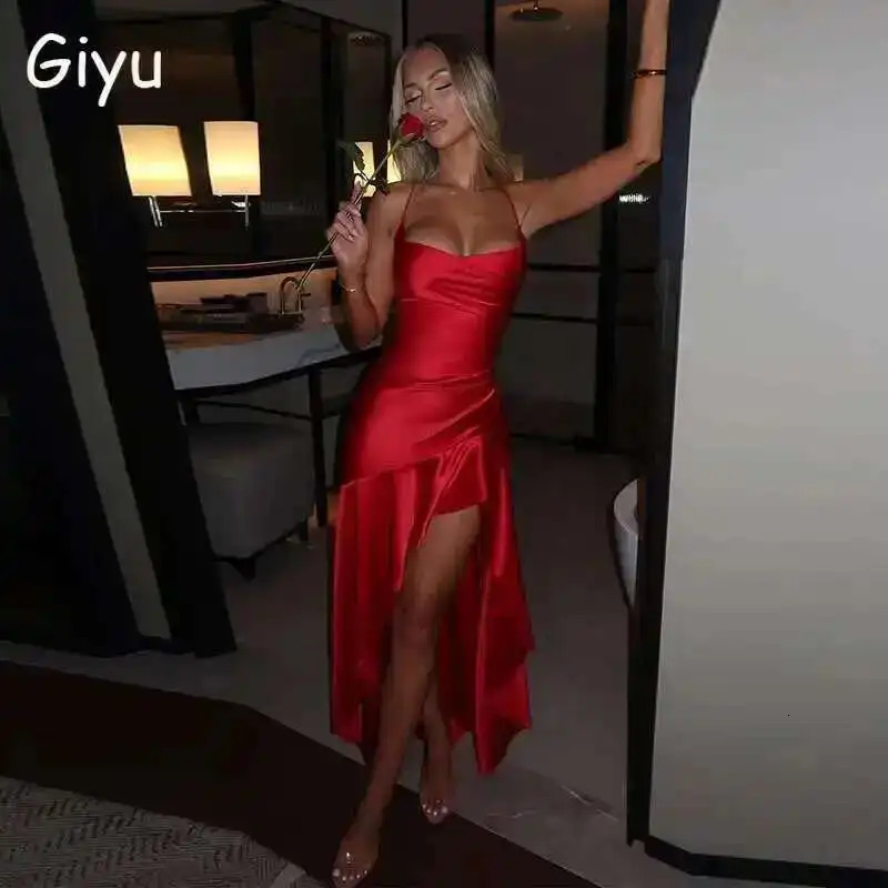 Gyu Sexy Satin Club Evening Party Dresses Summer Women Clothing Elegant Ruffle Irregular Backless Bandage Long Maxi Dress 250728