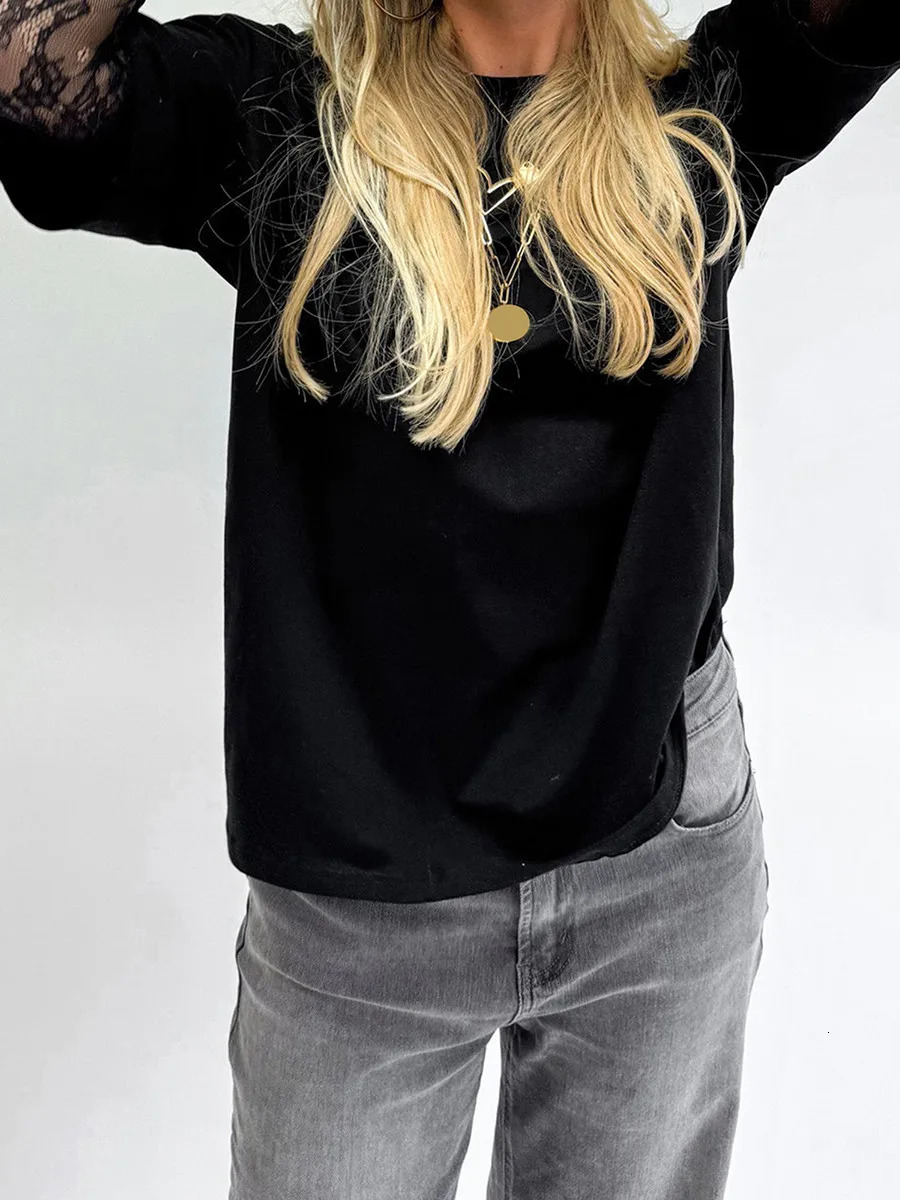 Women Round Neck TShirt Lace Long Sleeve Casual Shirts Spring Fall Loose Fit Tops Ladies Solid Color Tee for Streetwear Y2K 00s 250728