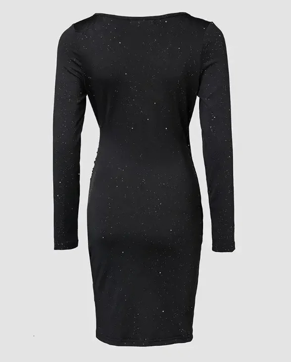 Elegant Black VNeck Long Sleeve Mini Dress with Glitter Detail Stretchy Polyester Ruched Cocktail Party for Women 250728