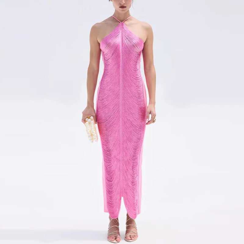 Sexy Hollow Out Sleeveless Tassels Womens Dress Fashion Halter Slim Solid Color Long Dress Elegant High Waist Split Party Dress Z250728