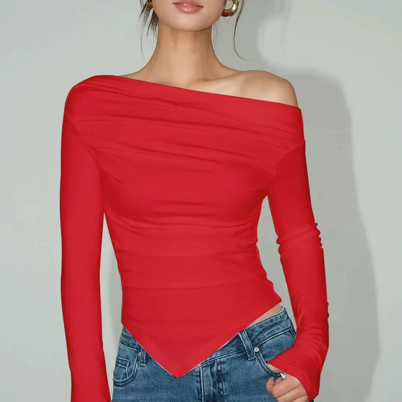 Womens Tshirt Spring Red Off Shoulder Sexy Tees Long Sleeves Warm Fashion Streetwear Pullover Asymmetrical Slim Female Tshirt 250728