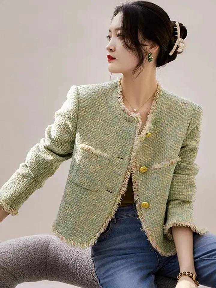 Korean Fashion Tweed Jackets Tops Women Casual Oneck Single Breasted Coats Spring Fall Elegant Long Sleeve Blouses 250728