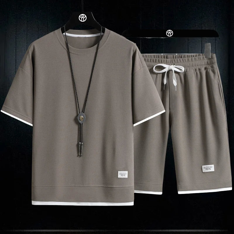 2025 3D Mens Waffle Summer Suit Casual Tshirt Shorts Suit Mens Tracksuit Solid color tracksuit loose suit 250724
