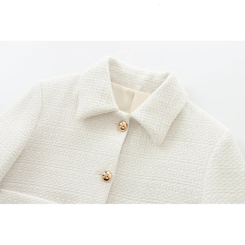 Women With Pockets Tweed Jacket Long Sleeve Lapel Collar Female Cropped Coat High Street Elegant Outerwear 250728
