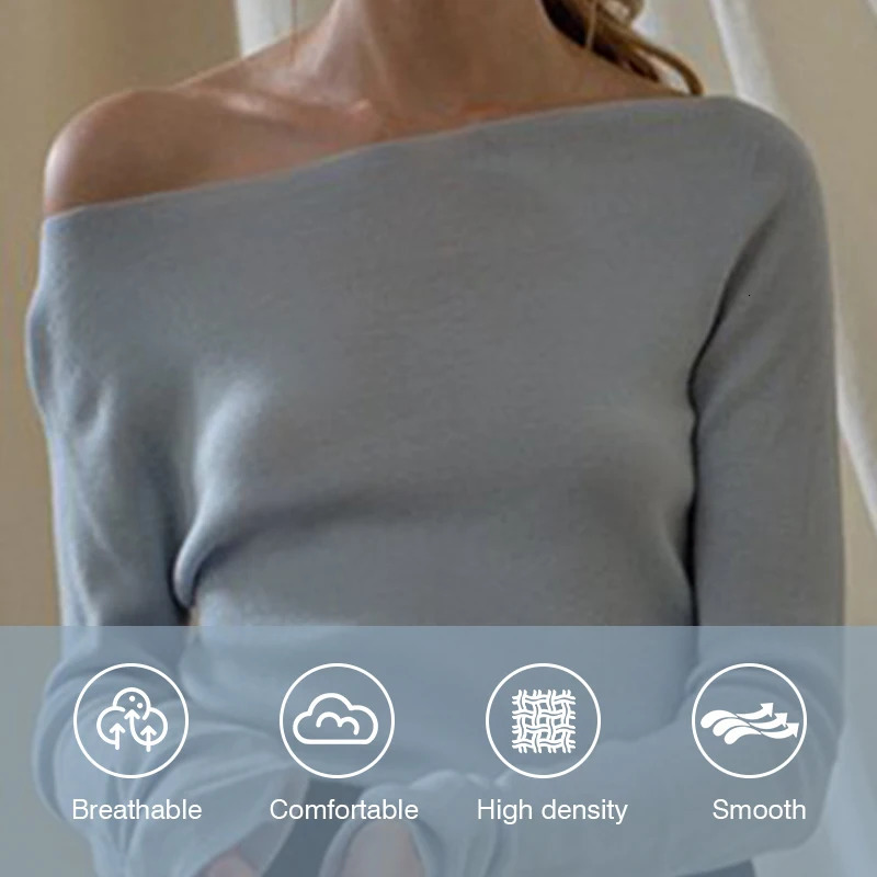 Autumn Winter Womens Tshirt Top Long Sleeve Solid Color Elegant Sexy Off Shoulder Slim Basic Style Versatile Interior Style 250728