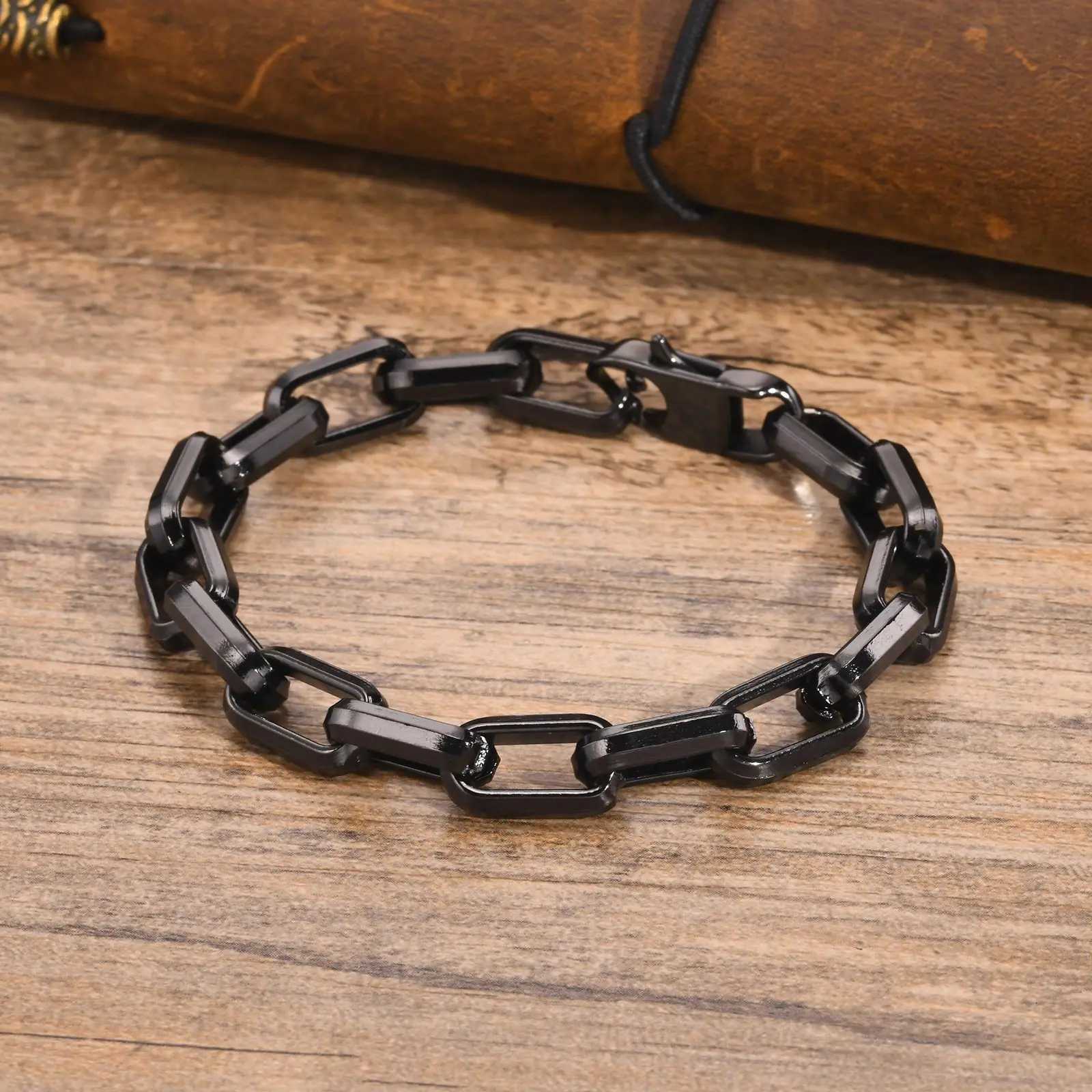 Rectangle Chain Bracelets for Men Boys Gold Color Stainless Steel Chain Link Wristband Stylish Trendy Jewelry Gift W250728
