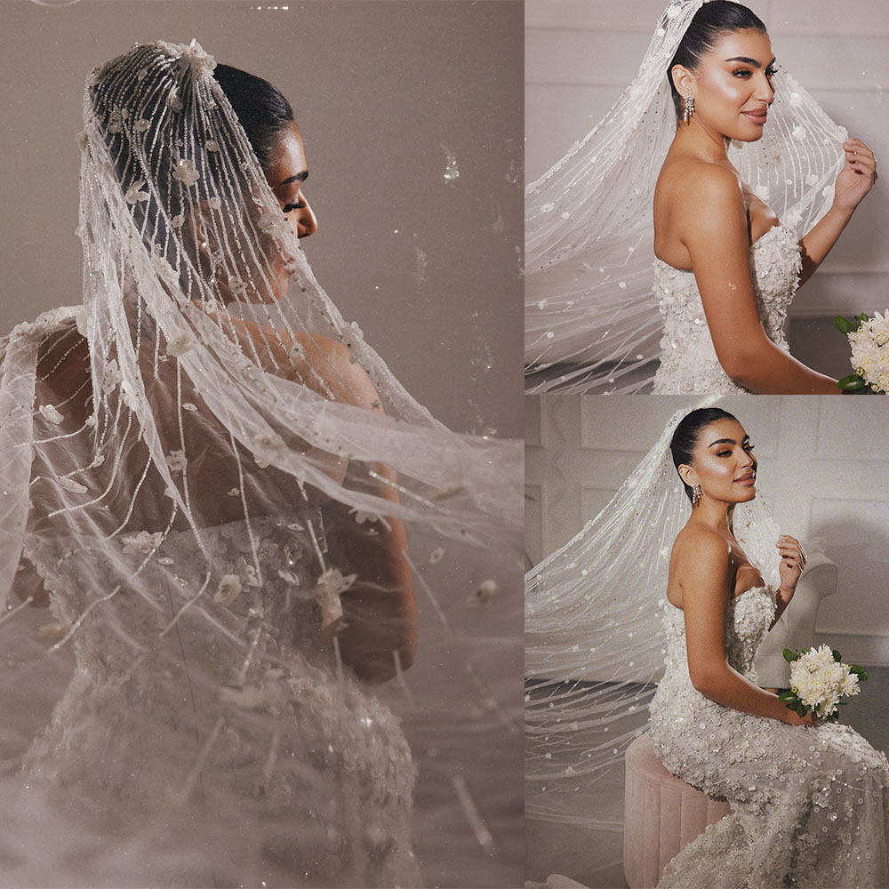 Luxury Beaded Wedding Veil Cathedral White Ivory Long Exquisite Cut Edge Bridal Veils Tulle 1 Tier With Comb Bride Accessories Custom Made