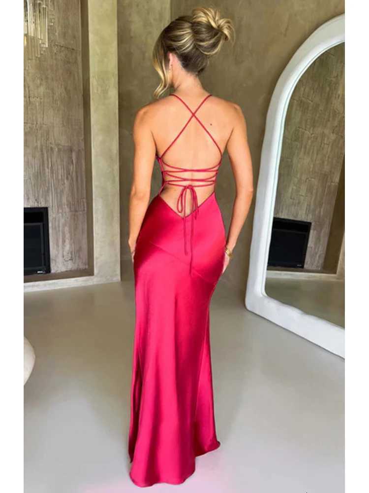 Bandage Backless Elegant Dress Split Hem Spaghetti Strap Slim Cocktail Party Club Fashion Satin Solid Lace-Up Long Dresses Z250728