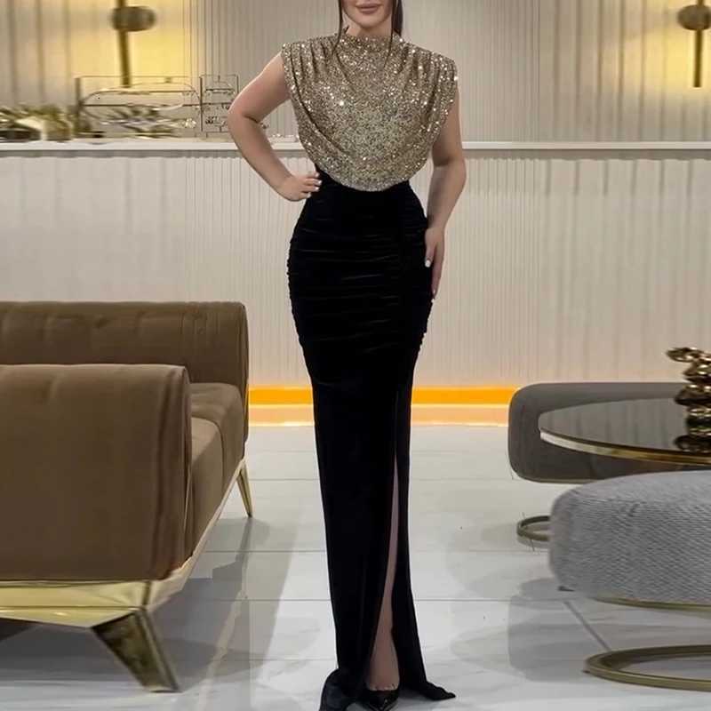 Fashion Temperament Sequins Stitching Dresses Women Solid Color Party Dress Elegant Women O Neck High Slit Maxi Dress Z250728