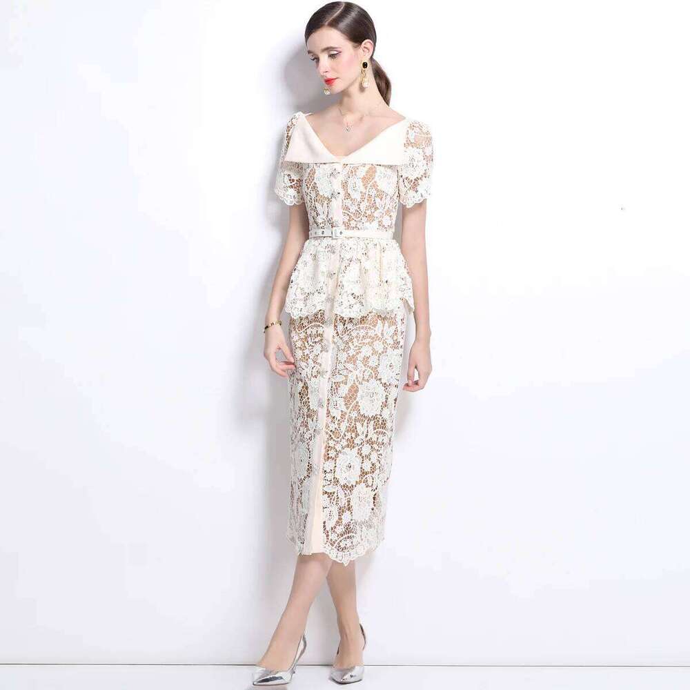 Designer Clothing 2025 Quality Summer Beaded Dias Embroidery Beige White Lace Evening Dress Women Short Sleeve Ruffle Peplum Midi Prom Dresses Long
