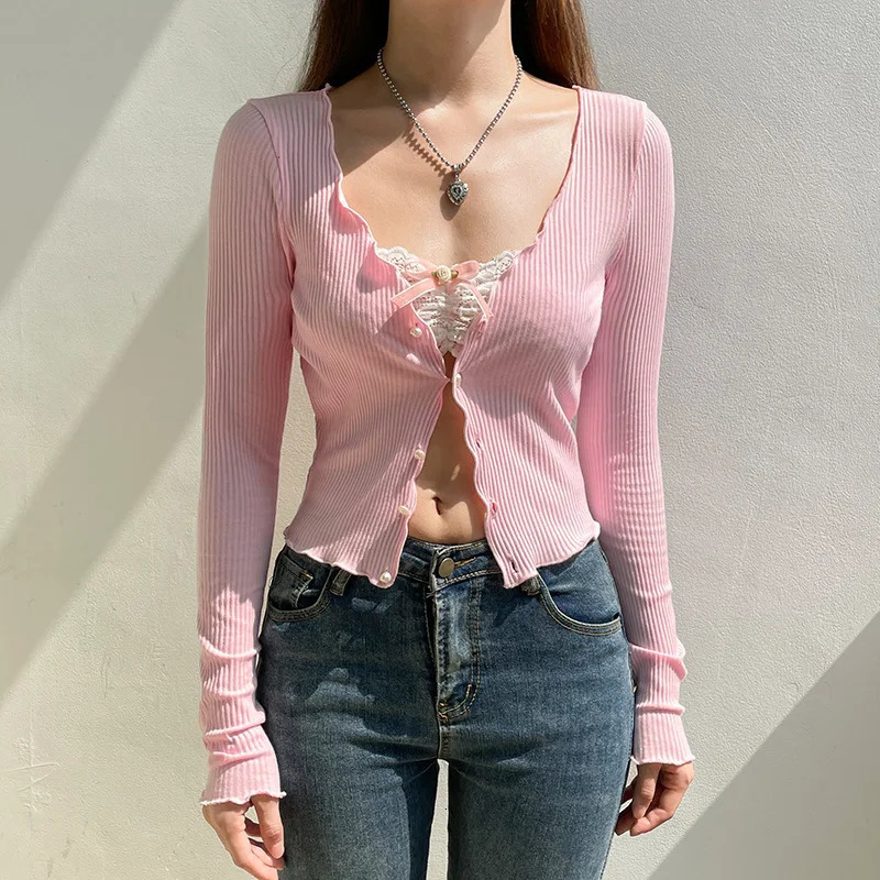 Sexy Tees Women Spring Pink VNeck Lace Long Sleeves Top Streetwear Fashion Button Elegant Casual Slim Female Tshirt 250728
