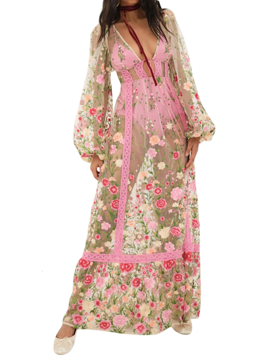 Womens Summer Long Beach Dress Sleeve V Neck Backless Floral Bikini CoverUp 250728