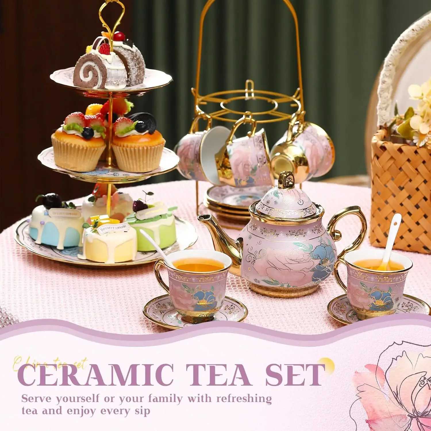 21pcs Set with Metal Holder and Cupcake Stand Ceramic Tea Pot Cups Saucers Cupcake Tier Tower European Tea Set for Women Girls X250728