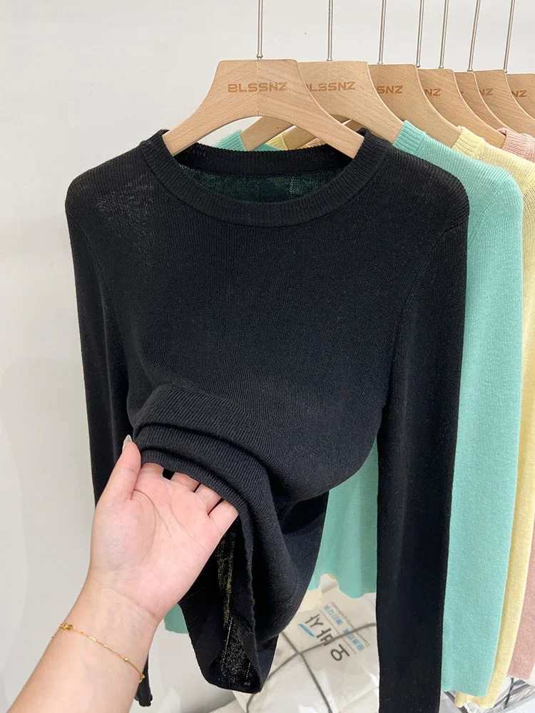 Lady Basic ONeck Slim TShirt Women Solid Multi Color AllMatch Trend Casual Top Screw Knit Long Sleeve Elastic Spring Office 250728