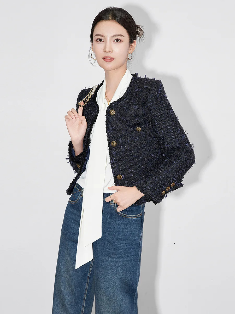 ZJYT Autumn Vintage Blue Tweed Woolen Jacket for Women Womens Clothing Winter Coat Elegant Short Outerwear Jacket 250728