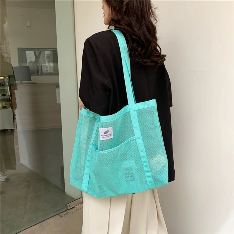 Women Transparent Mesh Shoulder Bag Fashionable Portable Shopping Travel Beach Mesh Net Tote Handbag 250723